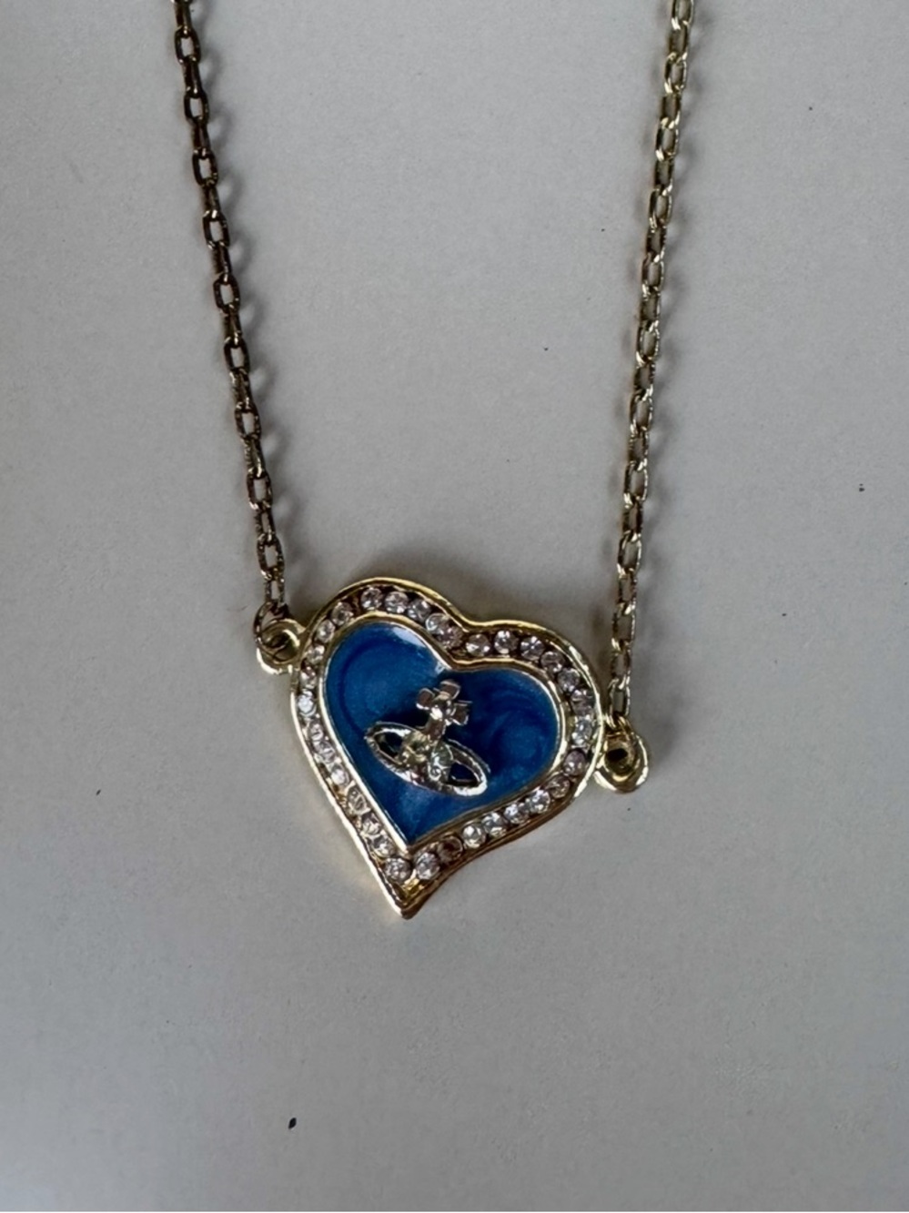 Vivienne Westwood Gold Heart Necklace with Blue Enamel and Crystal Trim